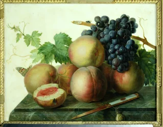 Nature morte aux pêches et aux raisins sur du marbre